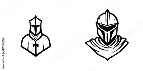 Vector illustration icons representing medieval knights with armored helmets and cloaks showcasing classic elements of chivalry and valor