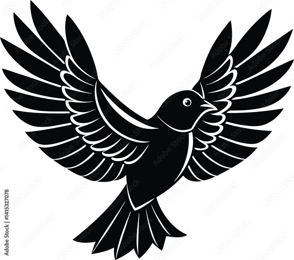 Obraz premium Silhouette illustration of birds sitting on power lines, with one bird in flight, symbolizing freedom, nature, and urban wildlife, perfect for nature, wildlife, and freedom-themed designs.