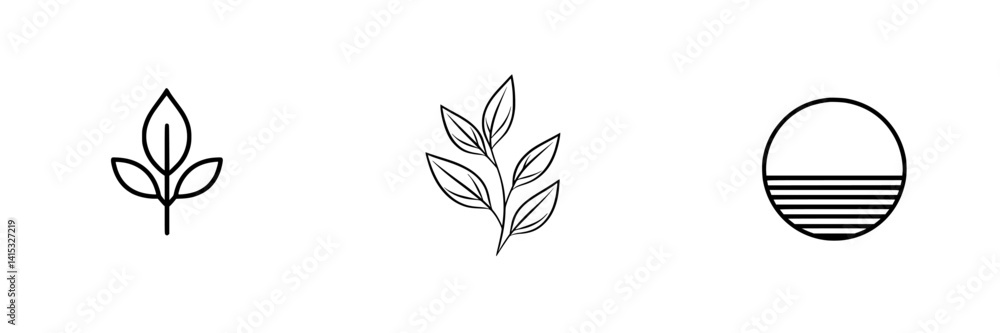Stylized vector illustrations of leaves and sun symbolizing nature and tranquility in a minimalist design Stylized vector illustrations of leaves and sun symbolizing nature and tranquility in a minimalist design