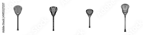 Collection of vector illustrations showcasing different lacrosse stick designs in black and white style