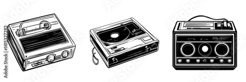 Vintage audio equipment collection featuring cassette player, vinyl record player, and reel-to-reel tape recorder