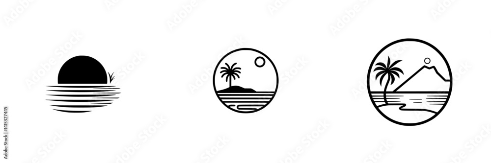 Vector illustration icons of various beach and sunset landscapes in minimalistic style and design Vector illustration icons of various beach and sunset landscapes in minimalistic style and design