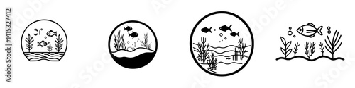 Vector illustration icons depicting aquatic life in various underwater environments showcasing fish and plants