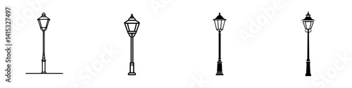 Collection of vector illustration icons of classic street lamps in various designs suitable for urban landscapes