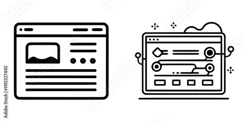 Vector illustration icons showing a web page layout and a digital interface design with interactive elements for technology usage