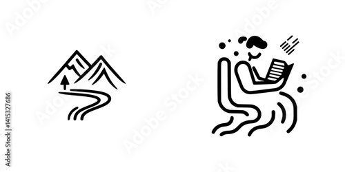 Vector illustration depicting mountain scenery with a winding path and a person reading a book in a chair, suggesting leisure and exploration