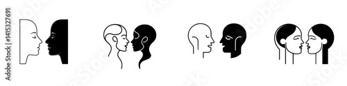 Vector illustration of diverse faces in profile and front view expressing various emotions and interactions, perfect for relationship themes