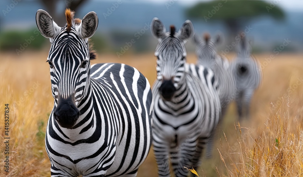 Fototapeta premium A herd of zebras grazing in the savannah, their black and white stripes standing out against the golden grasses