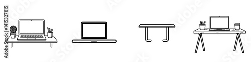 Vector illustration of various desk setups featuring laptops and workspace essentials for a productive environment