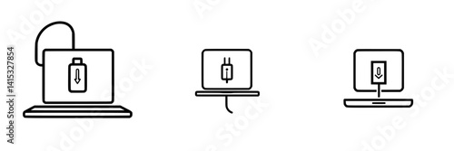 Vector illustration of laptop charging, battery depletion, and power connection in a simple design