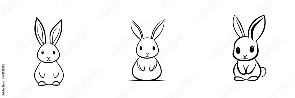 Cute vector illustration of three distinct rabbit characters in playful poses and expressions suitable for children's artwork and design projects Cute vector illustration of three distinct rabbit characters in playful poses and expressions suitable for children's artwork and design projects