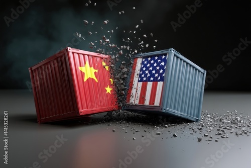 Shattered shipping containers with US and China flags symbolizing trade war and economic impact