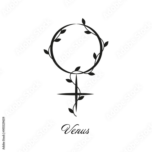 Venus planet astrological and astronomy sign with black branches and leaves. Vector symbol with botanical decoration on white background