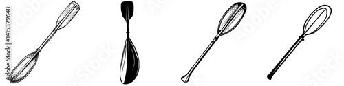Vector illustration of various designs of boat paddles in black and white, showcasing traditional and modern styles