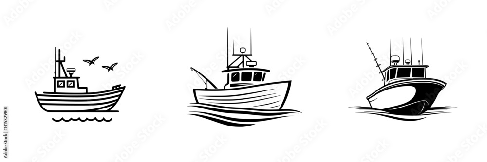 Vector illustration of fishing boats varying in design and style amidst calm waters and birds in the background Vector illustration of fishing boats varying in design and style amidst calm waters and birds in the background