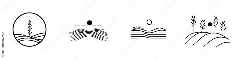 Vector illustration of nature elements displaying trees, sun, and rolling hills in a minimalist black and white design Vector illustration of nature elements displaying trees, sun, and rolling hills in a minimalist black and white design