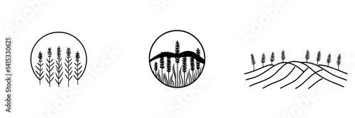 Stylized vector illustration of wheat fields and rolling hills in black and white, showcasing agricultural scenery with a minimalist approach