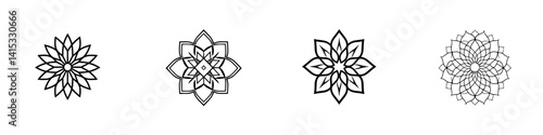 Vector illustration of four distinct floral symbols in line art style for design and decoration purposes