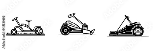 Vector illustration of three lawn mowers in different styles on a white background