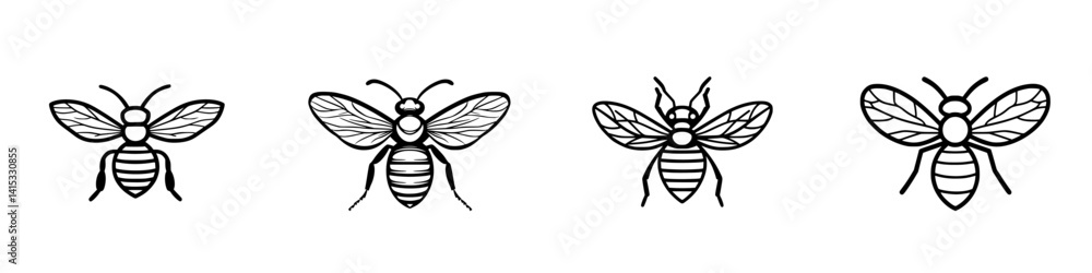 Vector illustration of bees featuring various designs showcasing their unique characteristics and details in black line art Vector illustration of bees featuring various designs showcasing their unique characteristics and details in black line art