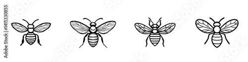 Vector illustration of bees featuring various designs showcasing their unique characteristics and details in black line art