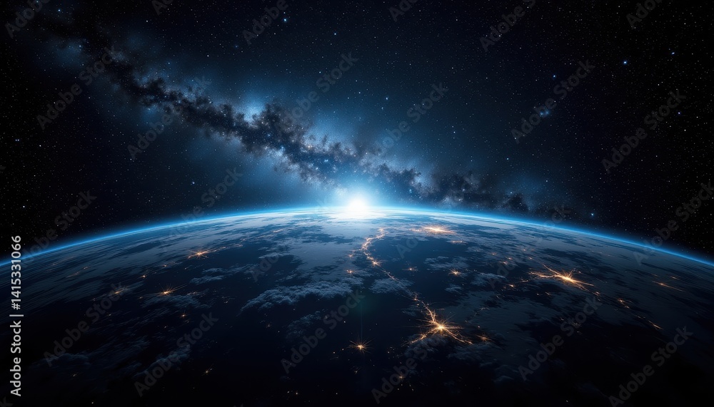 Fototapeta premium Earth from space with glowing cities and clouds, illuminated by the rising sun