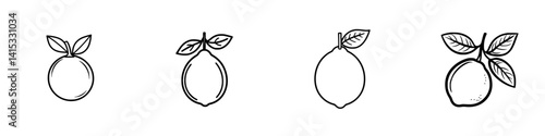 Vector illustrations of various lemon and orange icons showcasing different designs with leaves highlighting fruit freshness