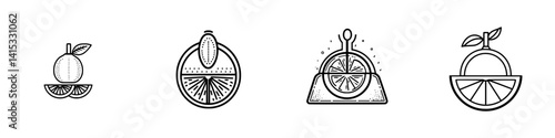 Vector illustration of citrus fruit icons showcasing different slices and sections in a minimalist design suitable for various applications