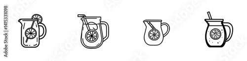 Vector illustration of various beverage pitchers displaying refreshing citrus drinks with slices of lemon during summer gatherings