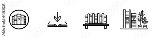 Vector illustration icons representing books, reading, and libraries designed for educational and literary contexts