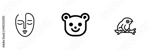 Vector illustration icons featuring a facial mask, bear face, and bird on a branch representing emotions and nature elements