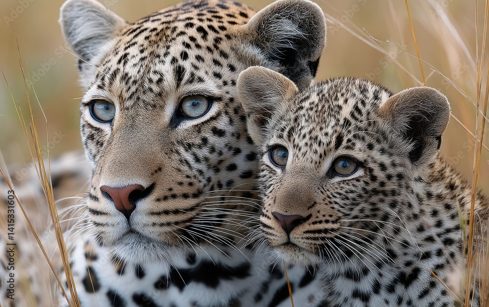 Obraz premium a leopard and her cub in the grass