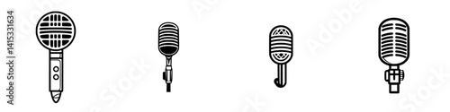 Vector illustration of various microphone designs showcasing sound recording technology for musical performances and broadcasts