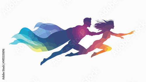 Dynamic Colorful Silhouette of Faceless Superheroes Couple in Action Poses