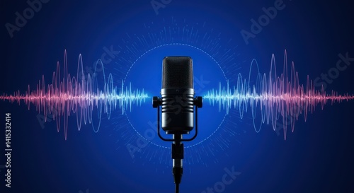 Microphone with sound waves on a blue background representing audio recording.