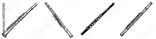 Vector illustration of various flute designs showcasing different styles and angles for music enthusiasts