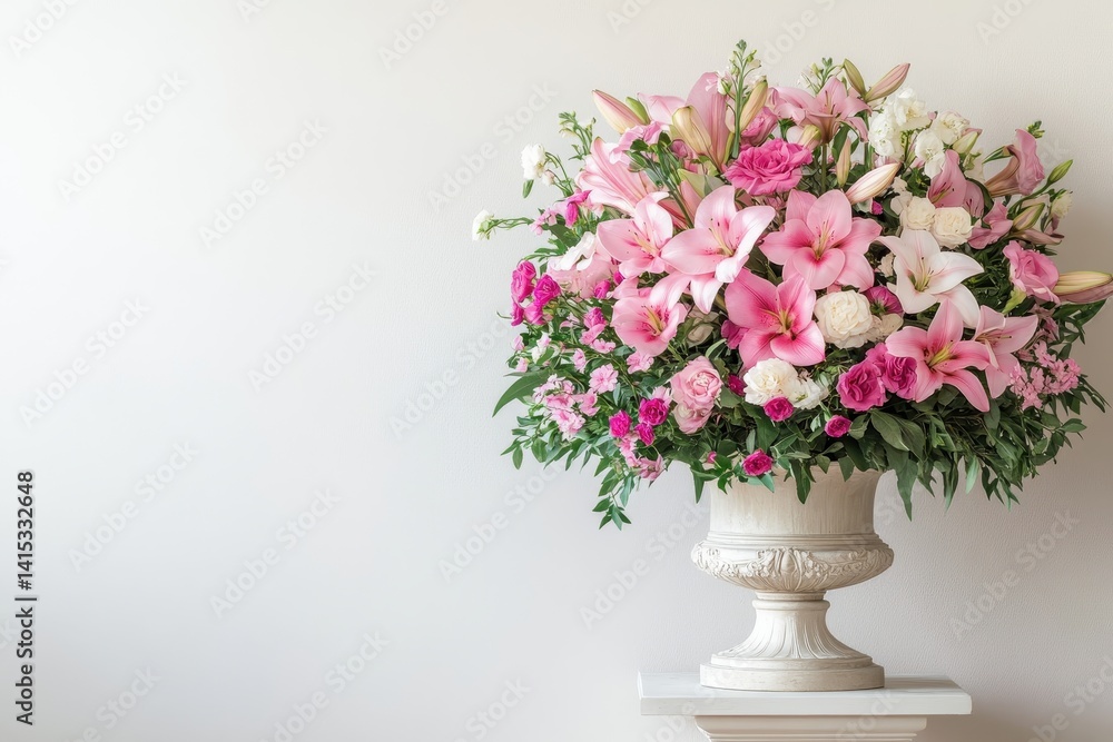 Floral arrangement in an urn with pink lilies, roses and foliage. Ideal for wedding, Mother's Day, or general celebration designs. Floral arrangement in an urn with pink lilies, roses and foliage. Ideal for wedding, Mother's Day, or general celebration designs.
