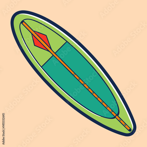 Stylized retro stand up paddle board Summer Objects with paddle on a tan background