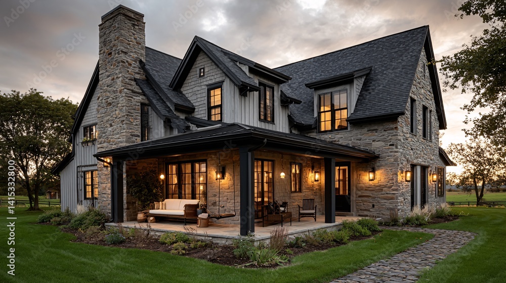 Charming Rustic Stone House with Warm Lighting and Lush Surroundings Charming Rustic Stone House with Warm Lighting and Lush Surroundings