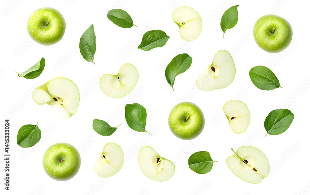 Green apple with leaf on a white backdrop Green apple with leaf on a white backdrop