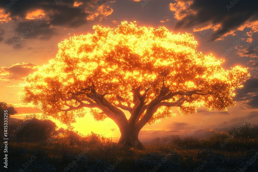 Majestic tree illuminated by sunset in a serene landscape Majestic tree illuminated by sunset in a serene landscape