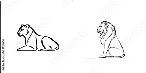 Vector illustration of a lion and lioness in profile view showcasing their distinct features
