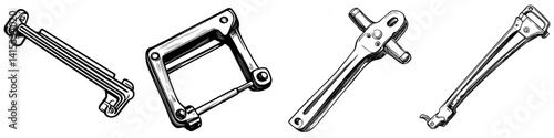 Vector illustration of mechanical tools focusing on levers and clamps for various applications in engineering and construction tasks