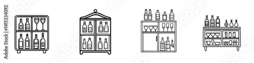 Various vector illustrations of bar cabinets displaying beverages and glassware in a minimalist style for hospitality design