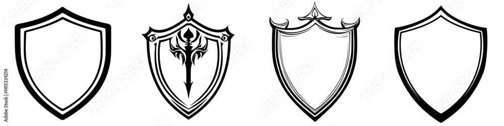 Unique vector illustration of four distinctive shield designs showcasing varying styles and details Unique vector illustration of four distinctive shield designs showcasing varying styles and details