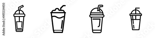 Refreshing beverage vector illustration with various styles of drinks featuring straws and lids in simple design