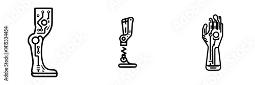 Vector illustration of robotic prosthetics showing a leg, arm, and hand designed with circuitry elements for modern technology