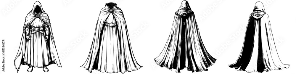 Detailed vector illustration of mysterious cloaks from various angles showcasing unique designs and textures Detailed vector illustration of mysterious cloaks from various angles showcasing unique designs and textures