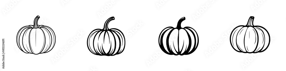 Vector illustration showcasing four different styles of pumpkins suitable for autumn-themed designs or seasonal decorations Vector illustration showcasing four different styles of pumpkins suitable for autumn-themed designs or seasonal decorations