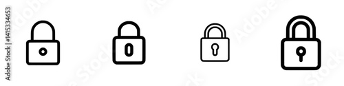 Set of vector illustration icons representing different styles of padlocks with open and closed variations displayed neatly in a row